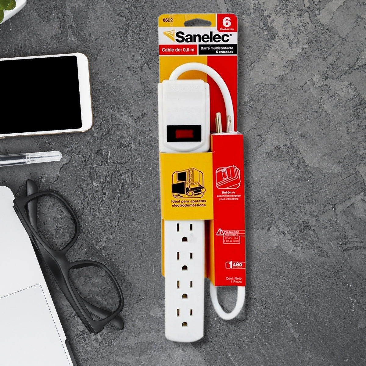 Barra Multicontacto de 6 Entradas, color Blanco, Sanelec