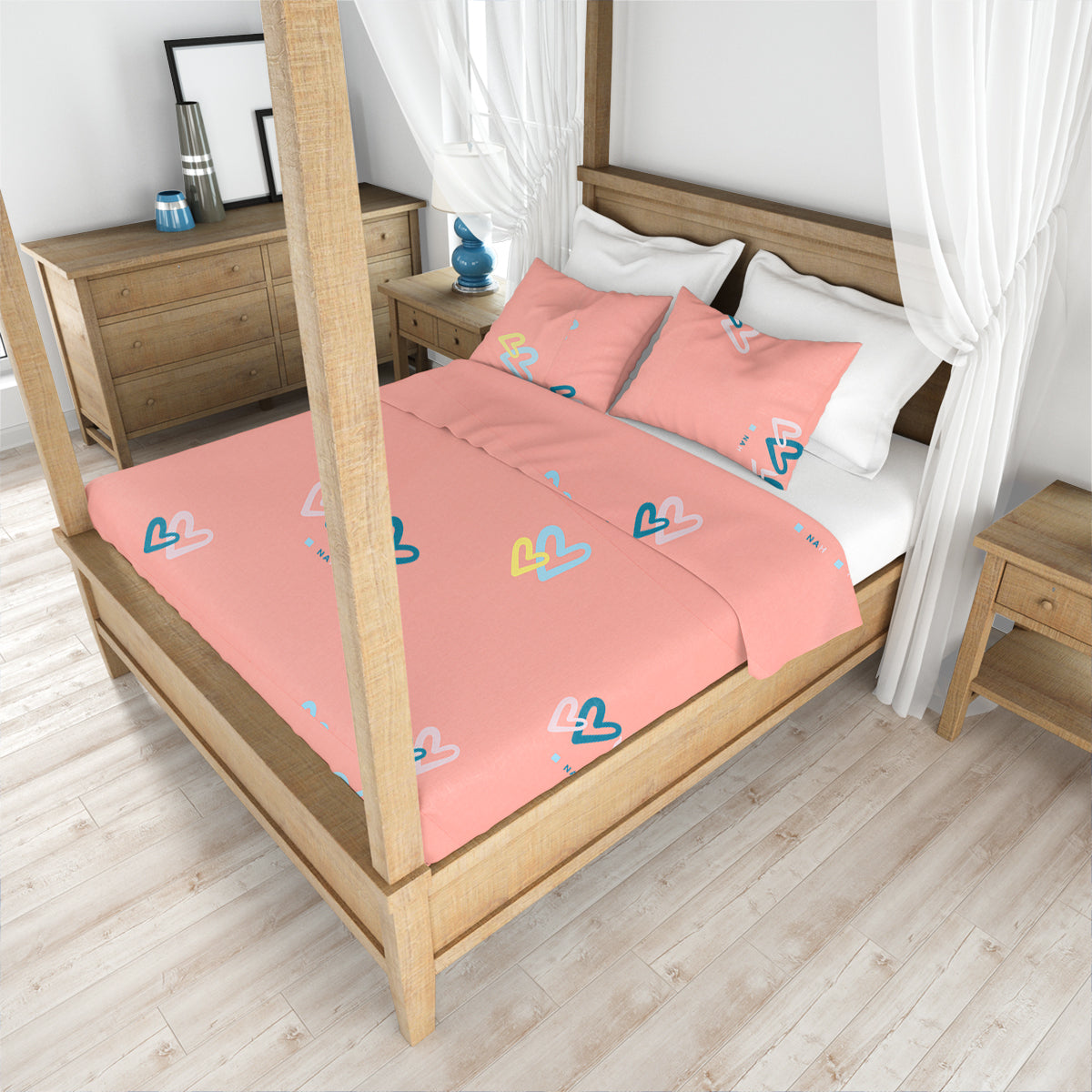 Juego de Sábanas Individual, Color Rosa, Diseño Corazones
