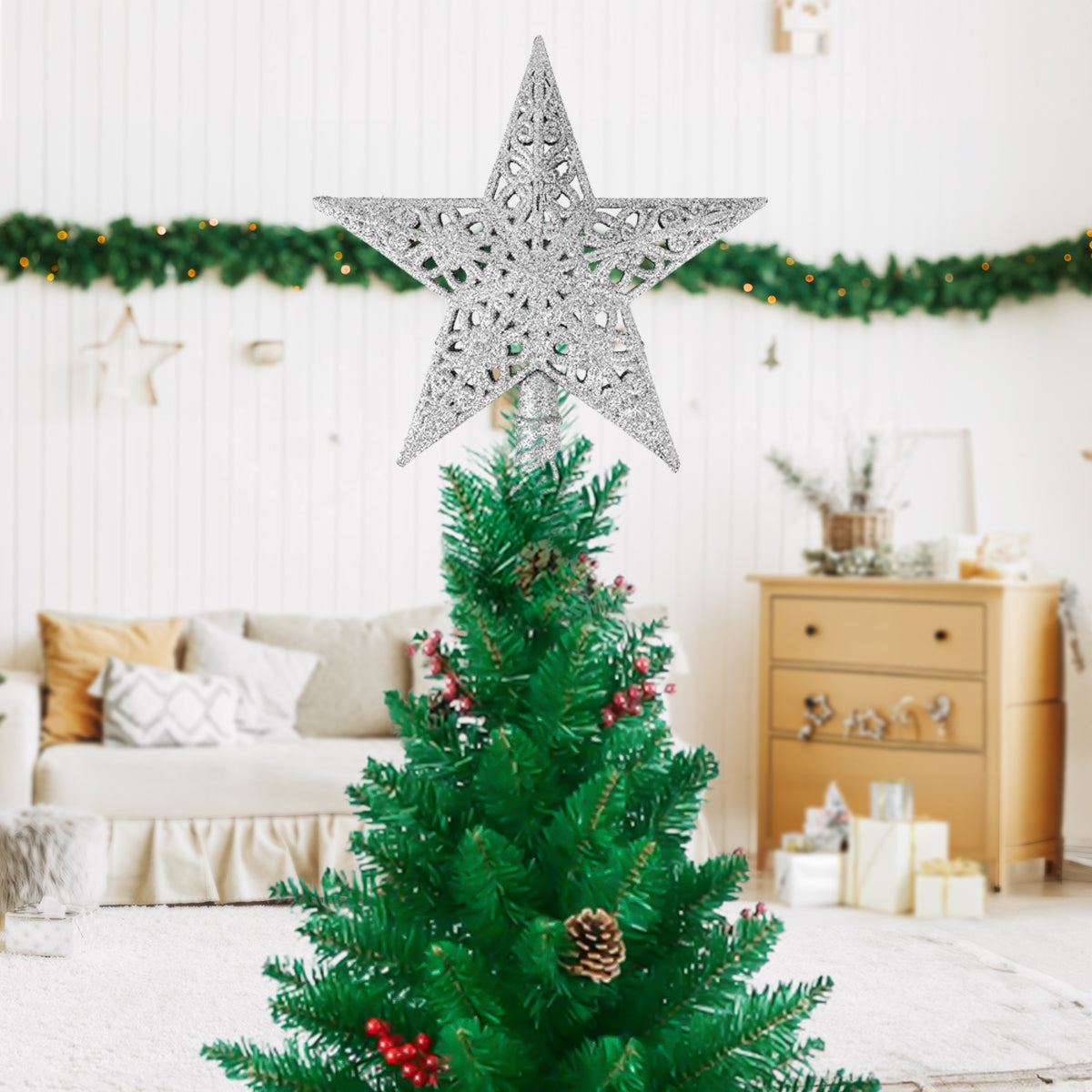 Estrella, Punta de Árbol de Navidad, Color Plata