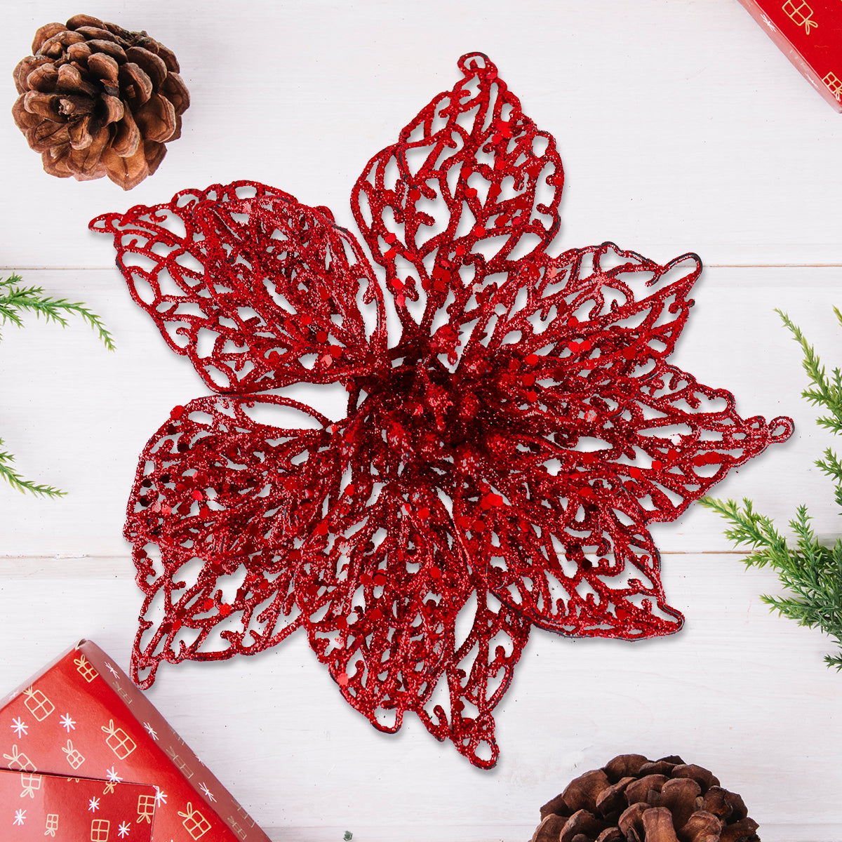 Flor Ornamento Navideño, Color Rojo, 2 pzas