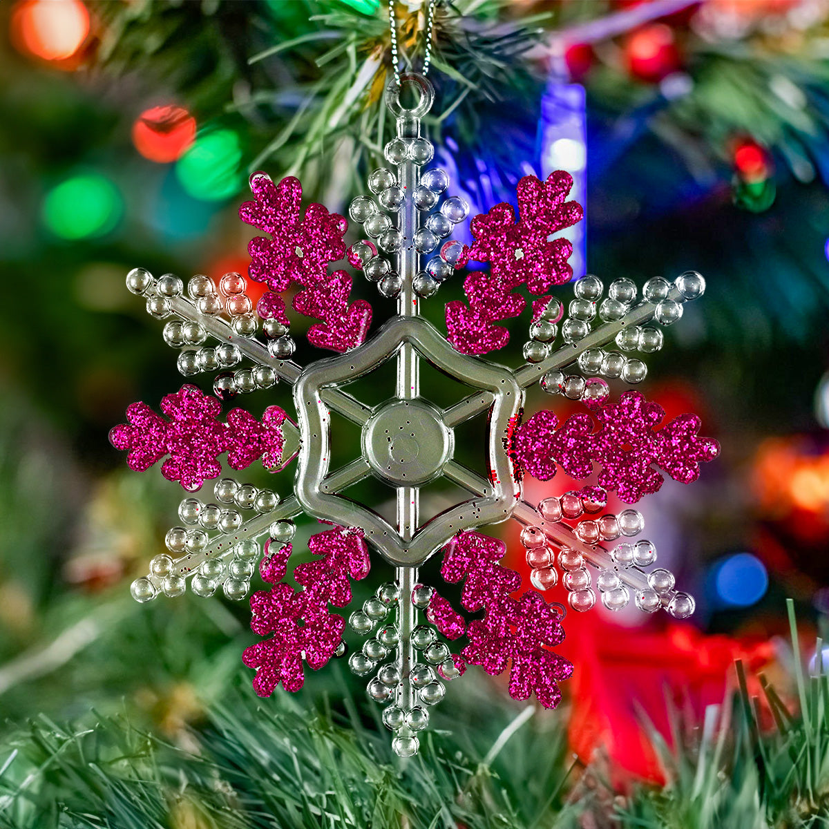 Copo de Nieve, Ornamento Navideño Plástico y Glitter, Color Rosa