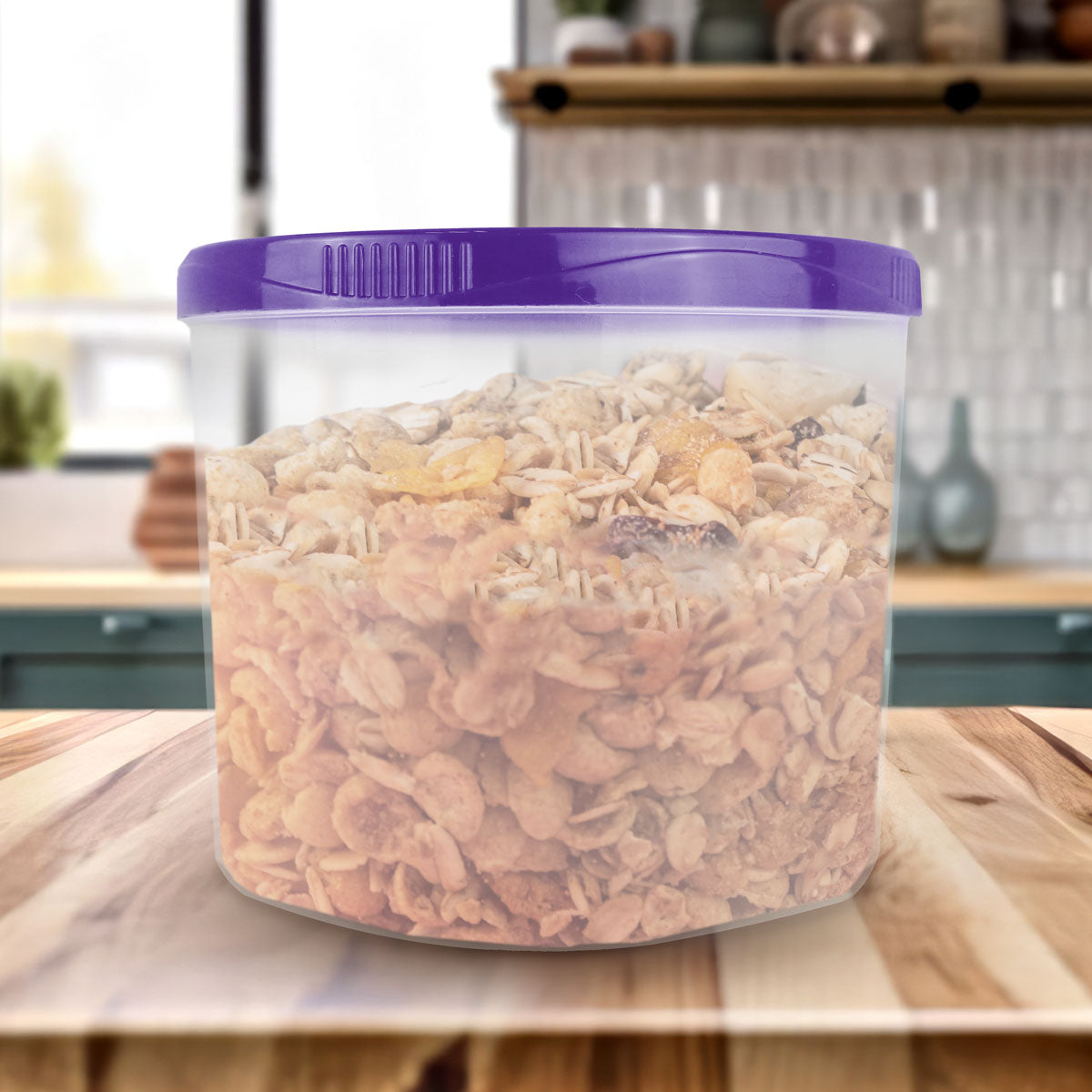 Contenedor Transparente Redondo, Tapa Color Morado, 1.2 L