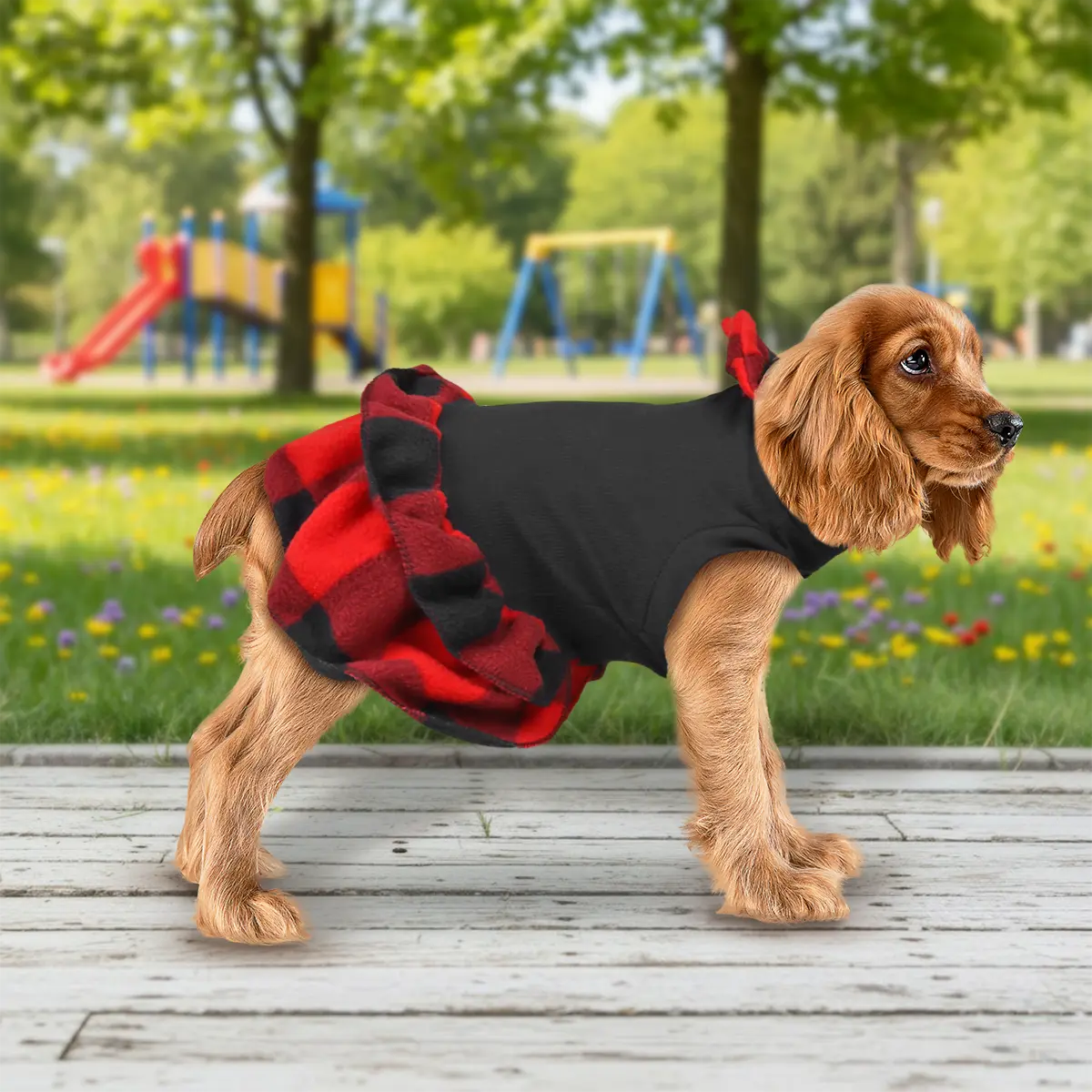 Vestido Invernal para Mascota, Diseño Cuadros, Color Rojo