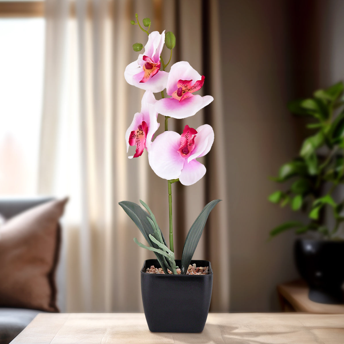 Maceta Clásica con Orquídea Artificial, Color Rosa con Blanco