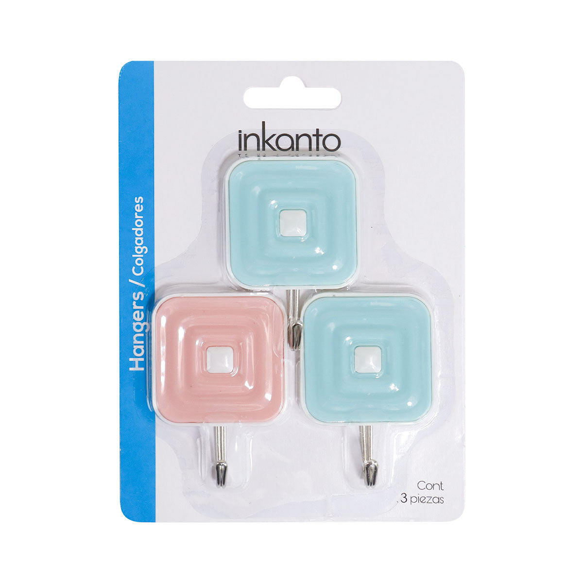 Colgadores Metálicos Cuadrados Autoadhesivos, Color Azul y Rosa, 3 pzas