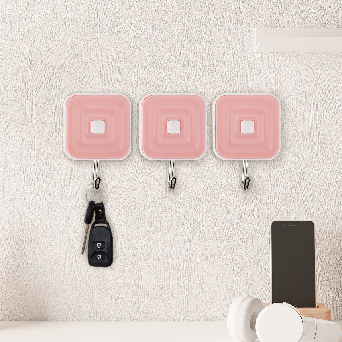 Colgadores Metálicos Cuadrados Autoadhesivos, Color Rosa, 3 pzas
