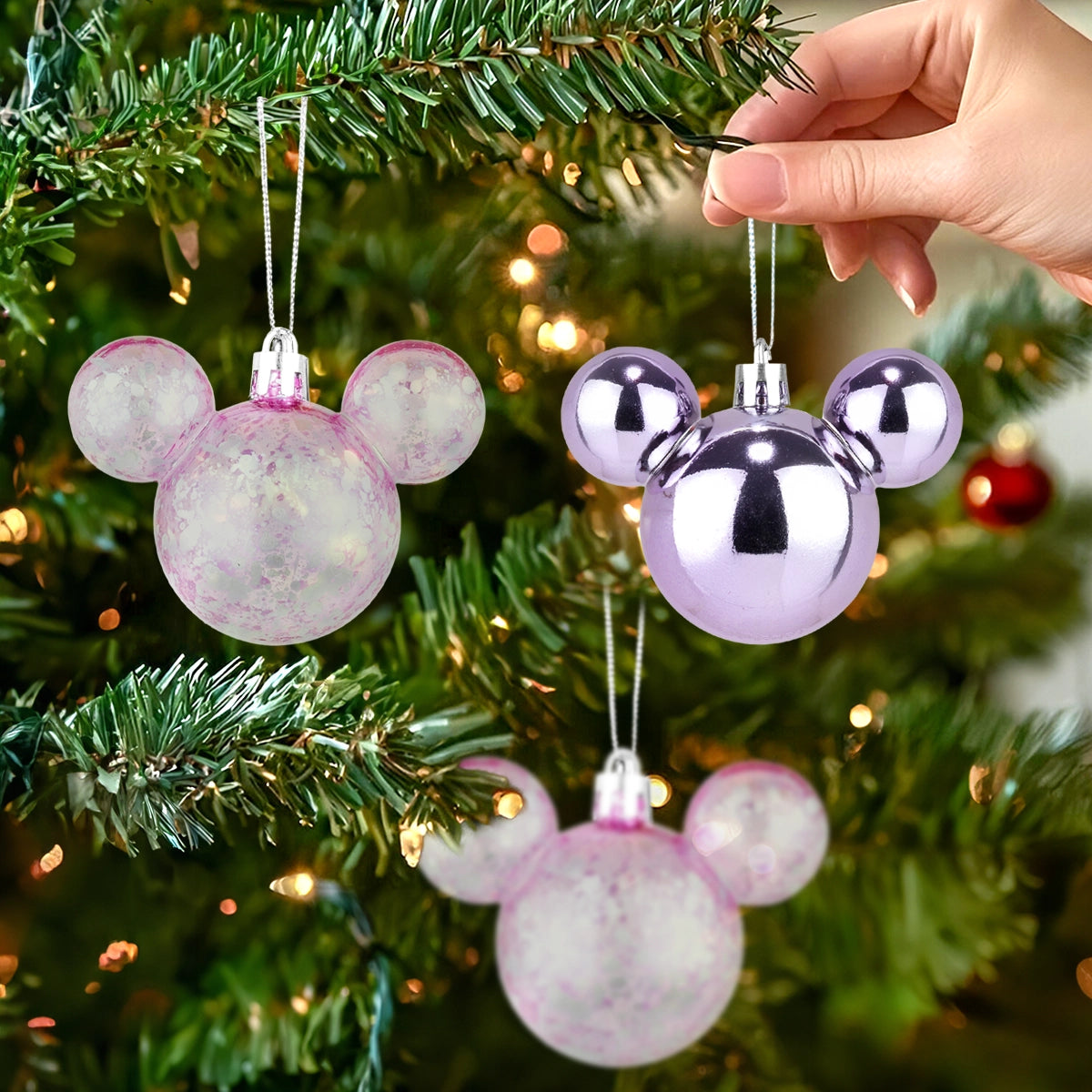 Esferas Navideñas en Forma de Mickey, 3 pzas, Color Lila