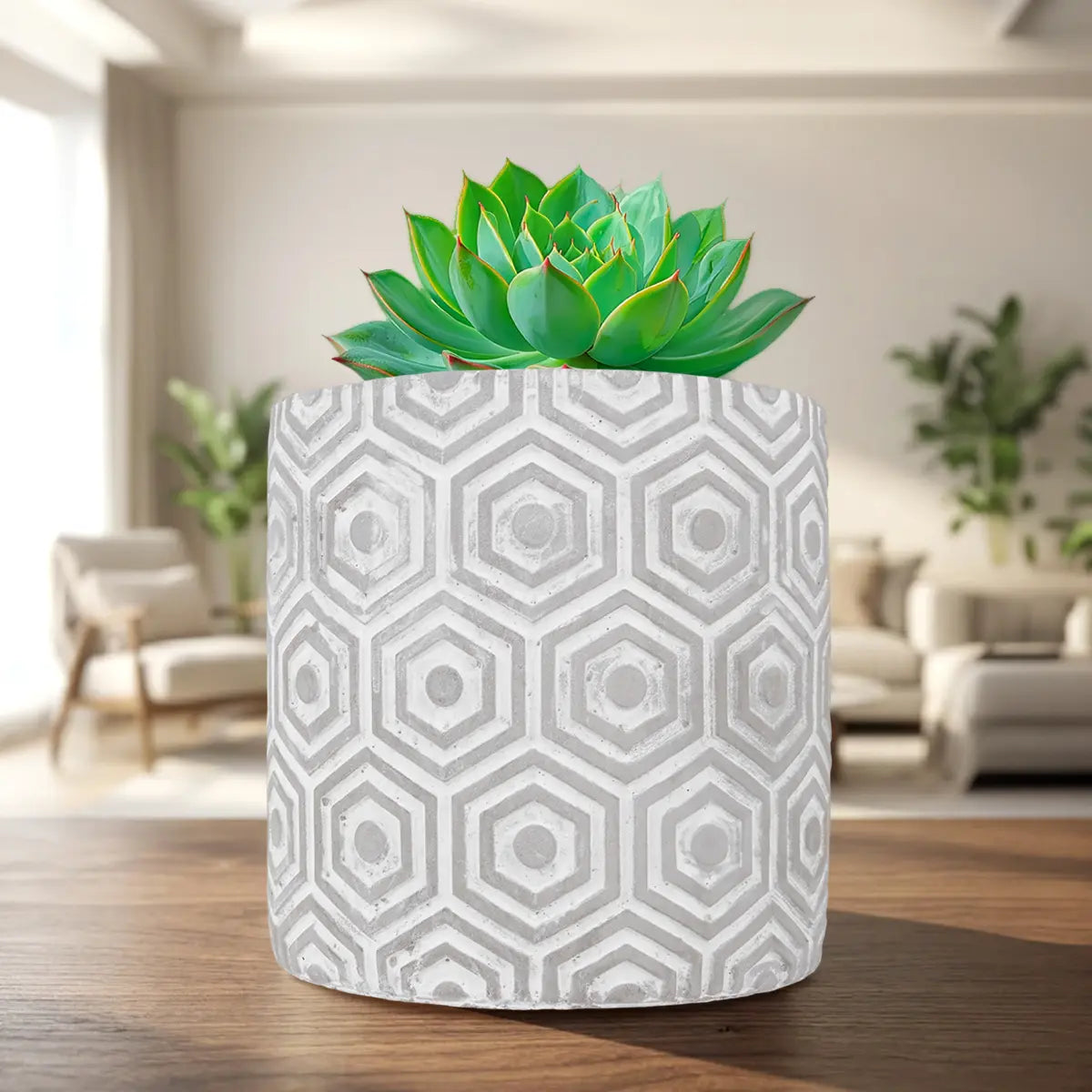 Maceta Textura Hexagonal, Color Blanco y Gris