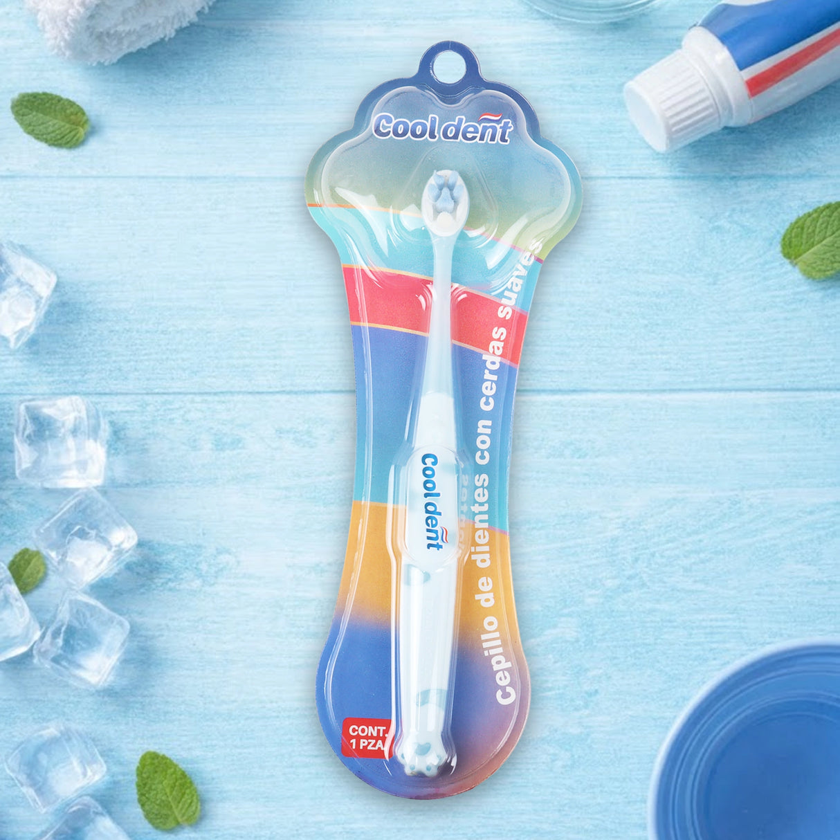 Cepillo de Dientes con Cerdas Suaves, Diseño Huella, Color Azul