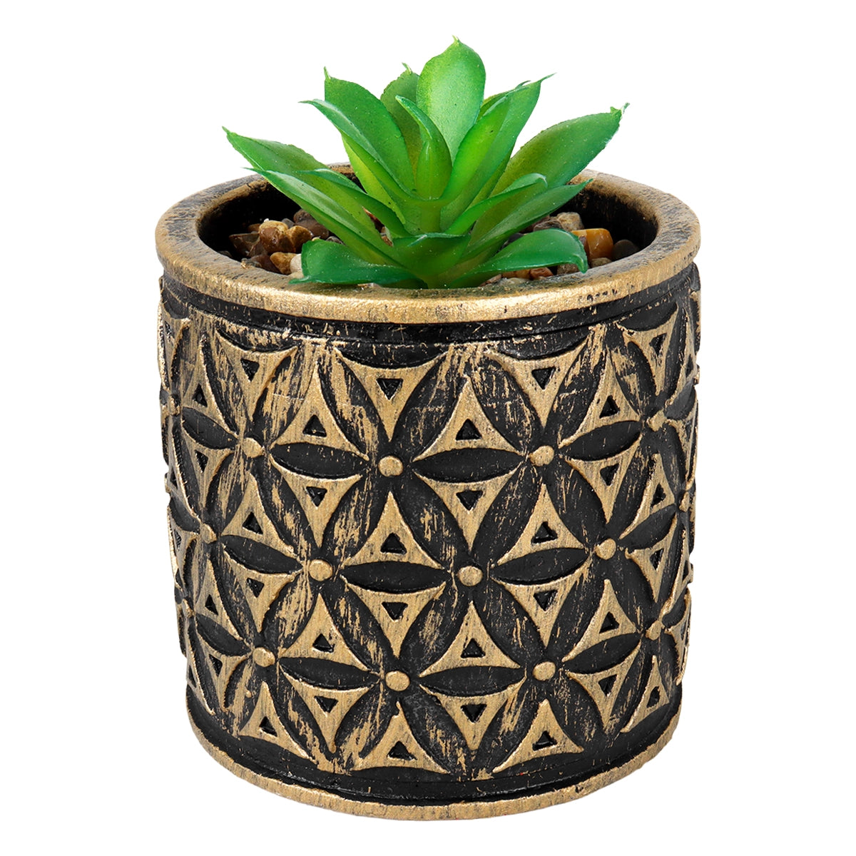 Maceta con Planta Artificial, Diseño Cilindro con Patrón, Color Dorado