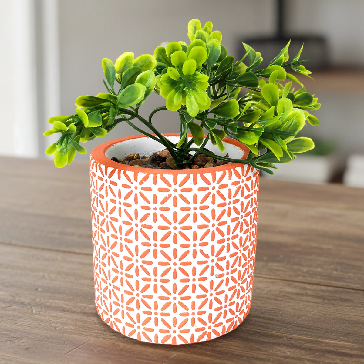 Maceta con Planta Artificial, Diseño con Patrón Flores, Color Naranja