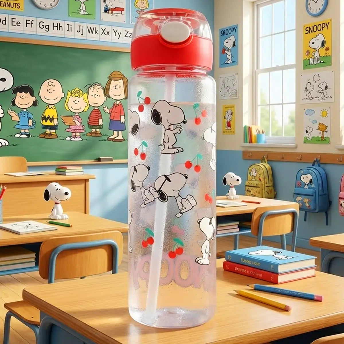 Botella de Agua con Botón, Peanuts, Color Rojo, 680 ml