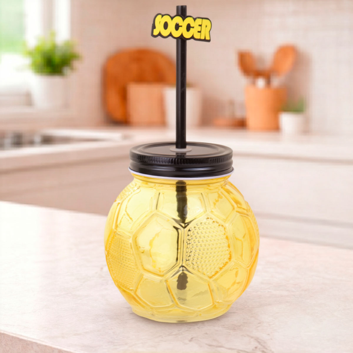 Balón, Vaso de Cristal con Popote, Color Amarillo
