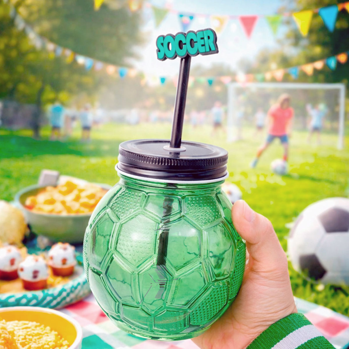 Balón, Vaso de Cristal con Popote, Color Verde