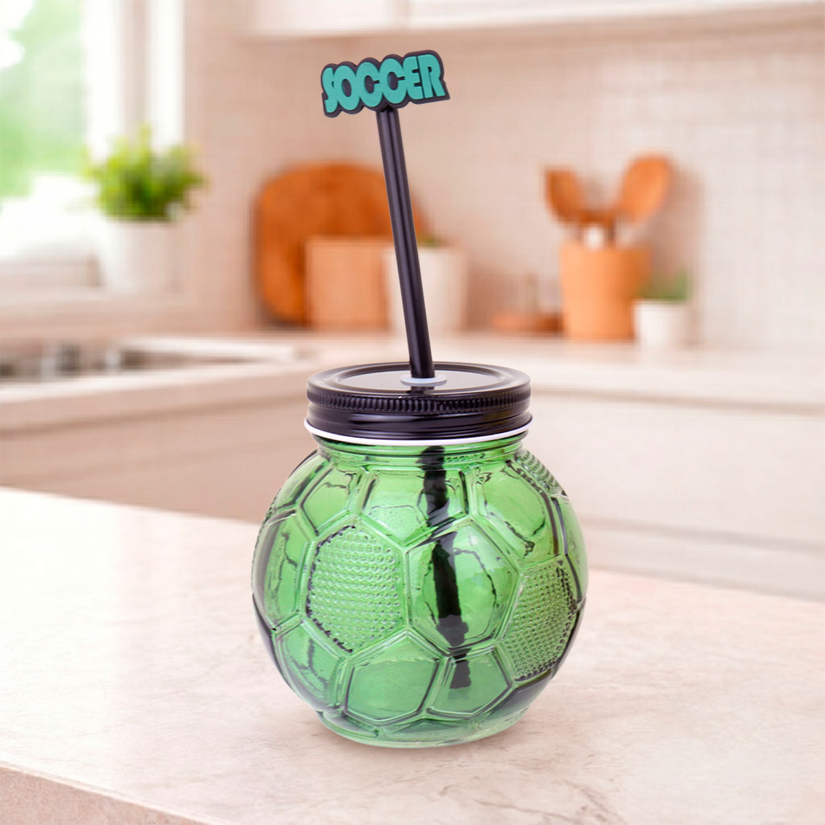 Balón, Vaso de Cristal con Popote, Color Verde