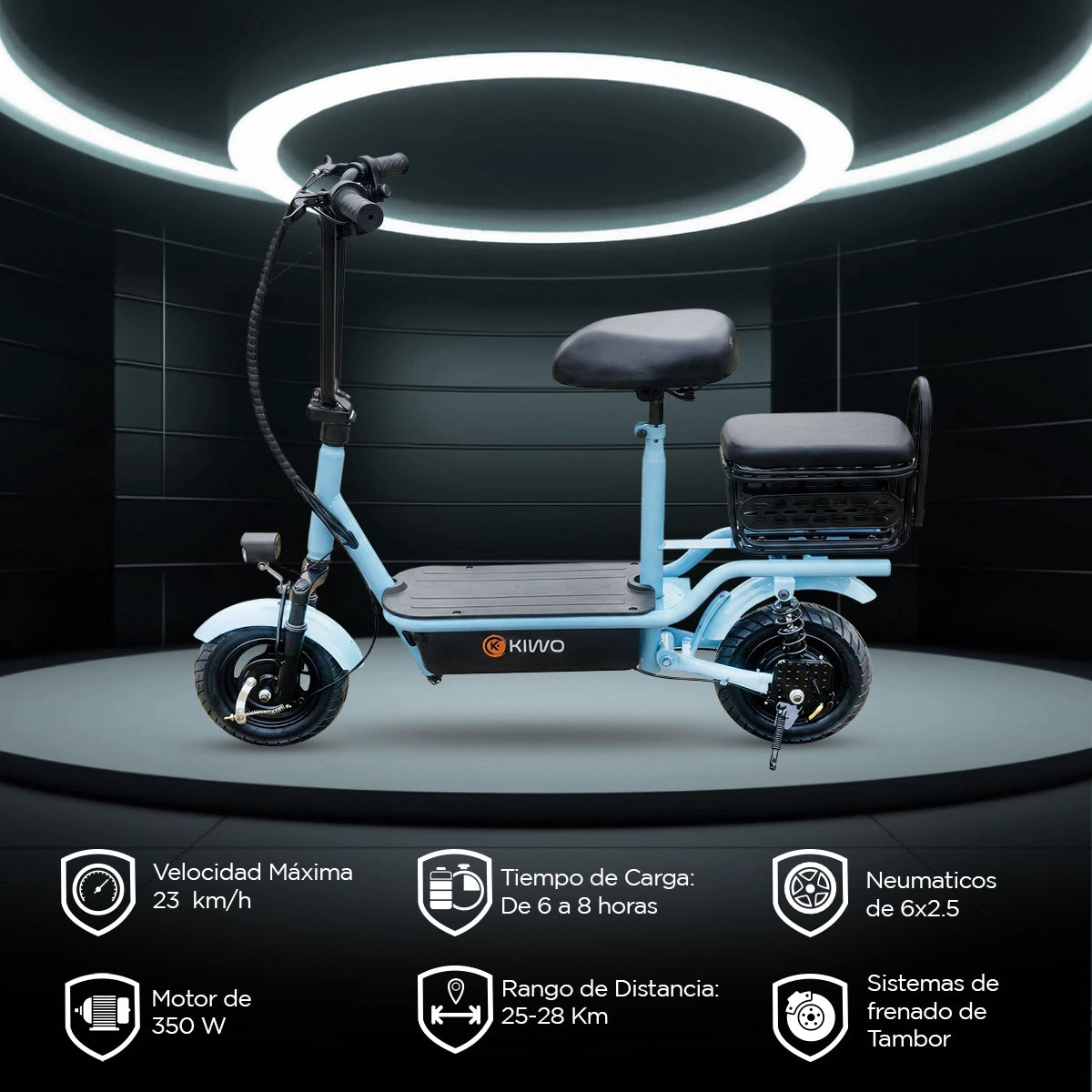Scooter Eléctrico con Asiento, Color Azul Claro