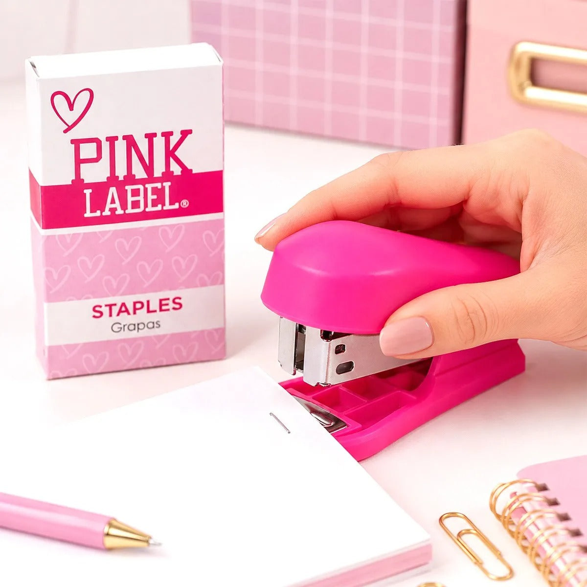 Mini Engrapadora, Color Rosa, Pink Label