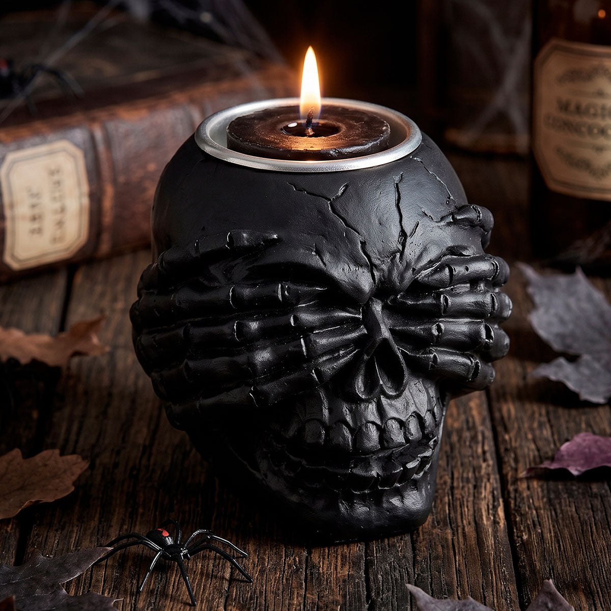 Calavera, Portavela de Cerámica, Color Negro