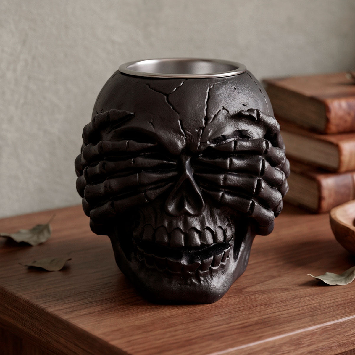 Calavera, Portavela de Cerámica, Color Negro