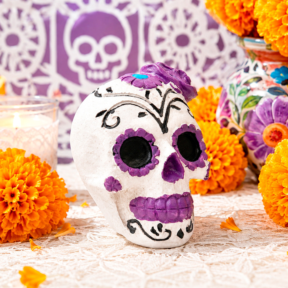 Catrina, Figura de Cerámica, Color Morado