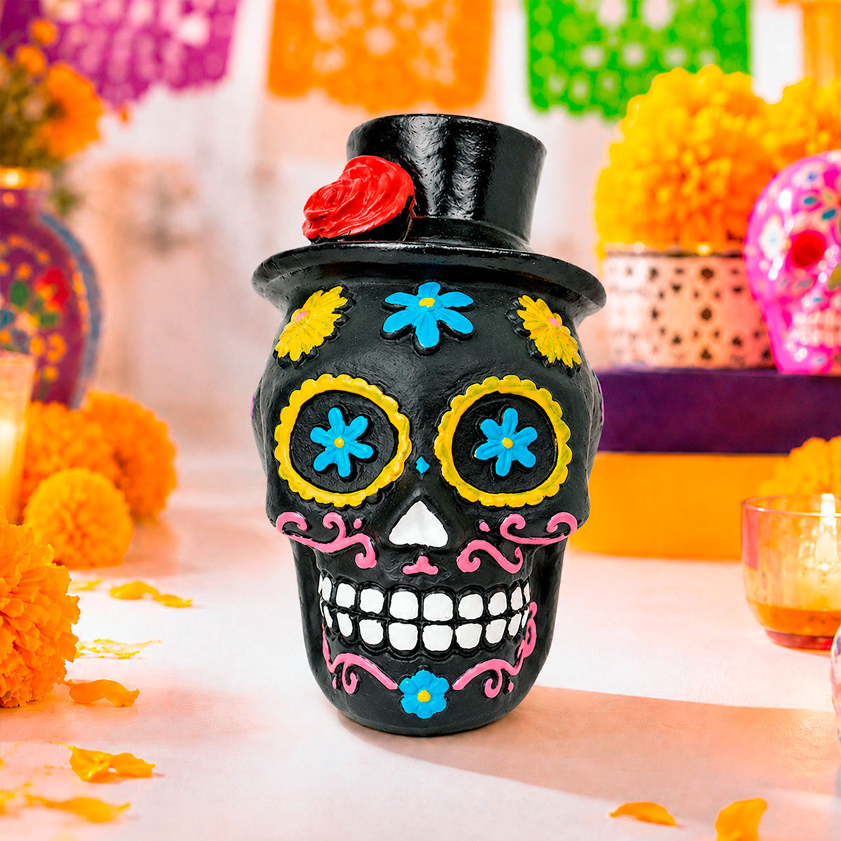 Calavera Figura de Cerámica, Color Negro