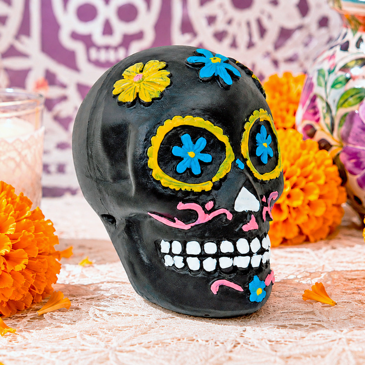 Calavera Figura de Cerámica, Color Negro
