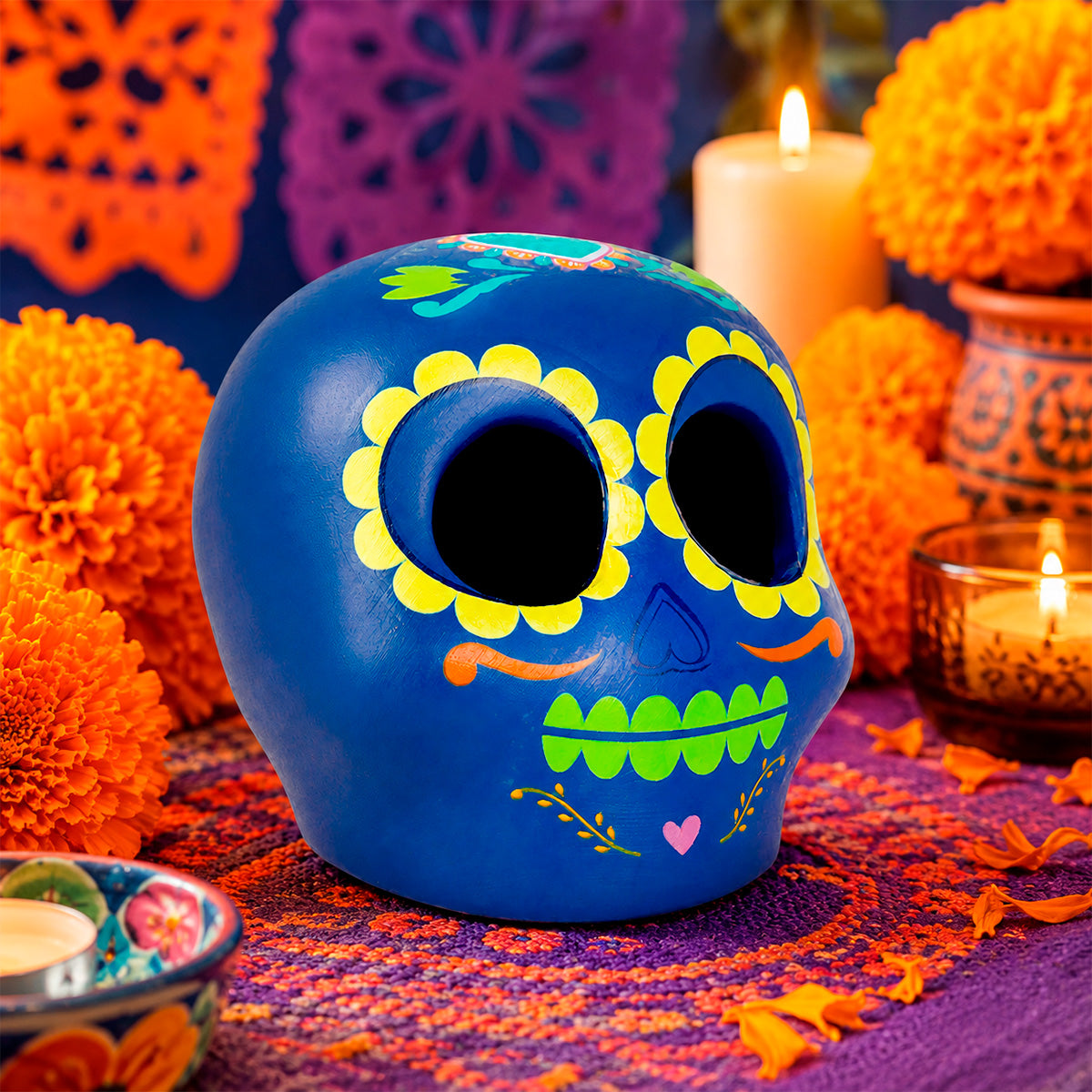 Calavera Decorativa de Día de Muertos, Color Azul Marino