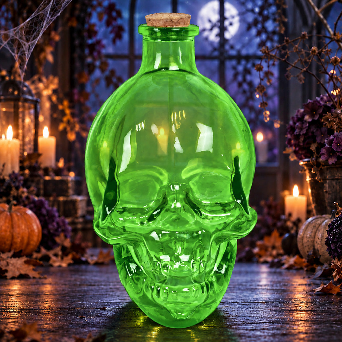 Botella de Vidrio en Forma de Cráneo, Color Verde