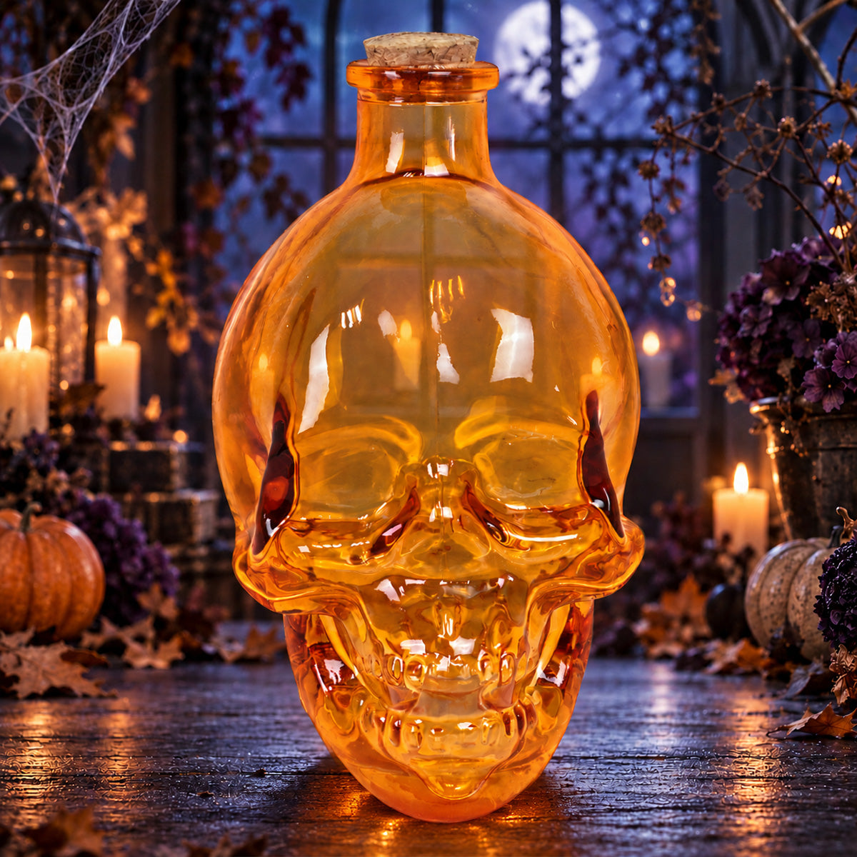 Botella de Vidrio en Forma de Cráneo, Color Naranja