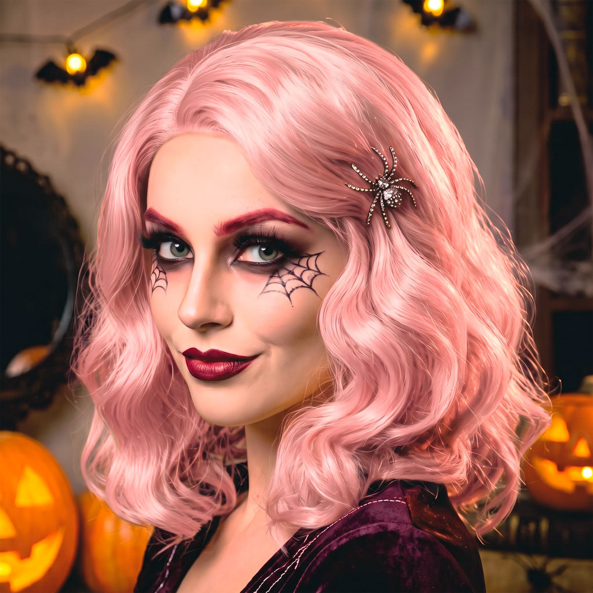 Peluca de Cabello Ondulado, Color Rosa