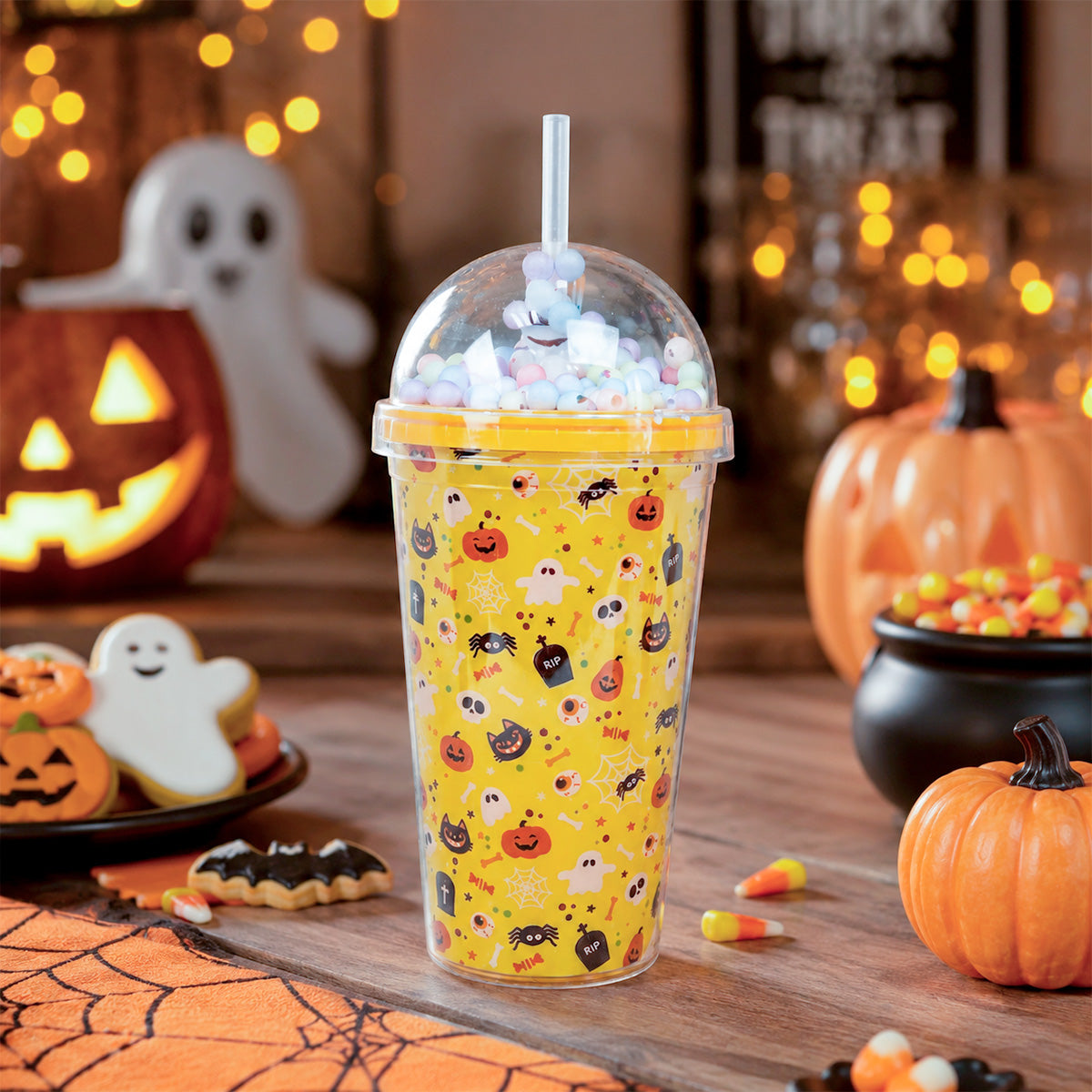 Vaso con Popote de Halloween, Color Amarillo
