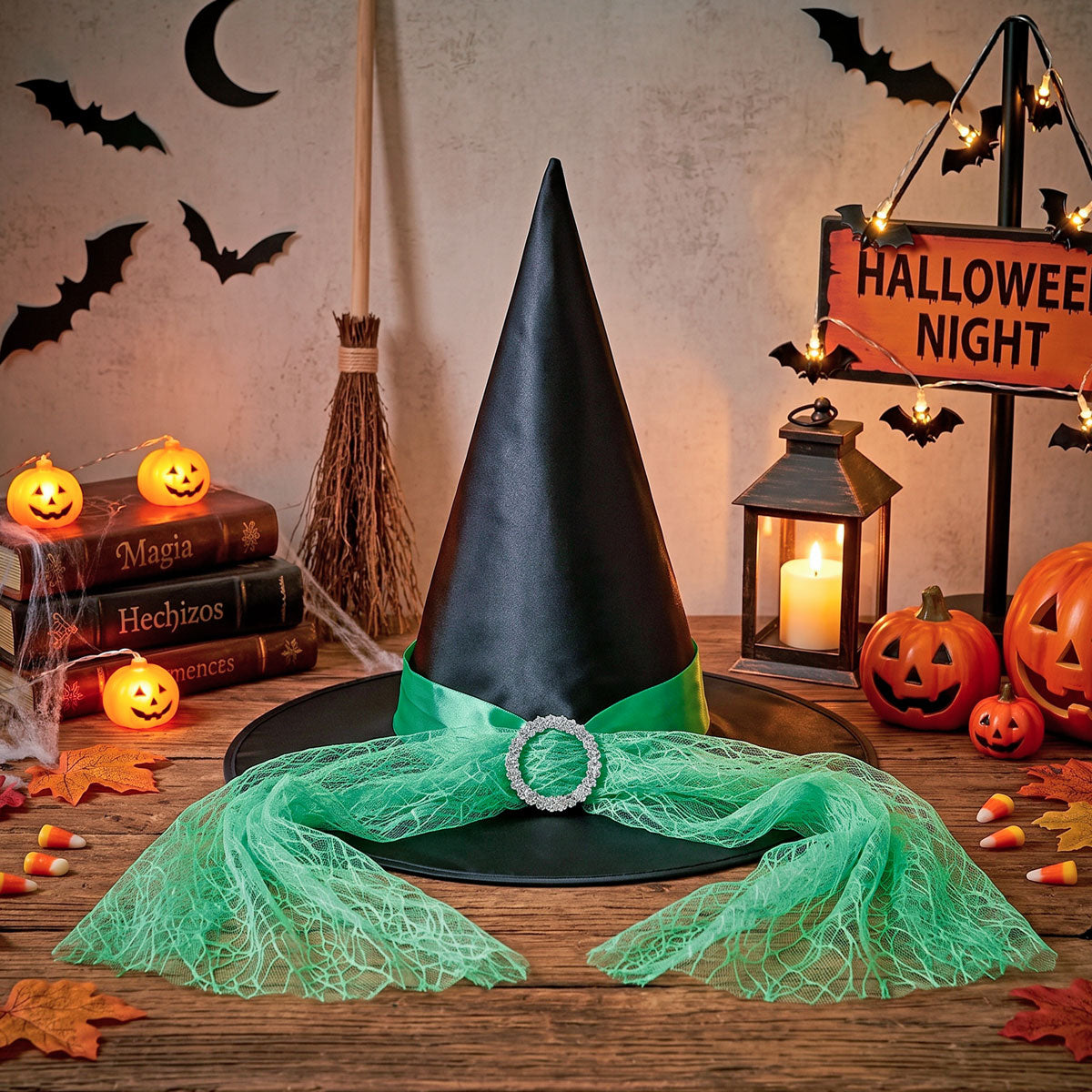 Sombrero de Bruja Negro Decorado, Color Verde
