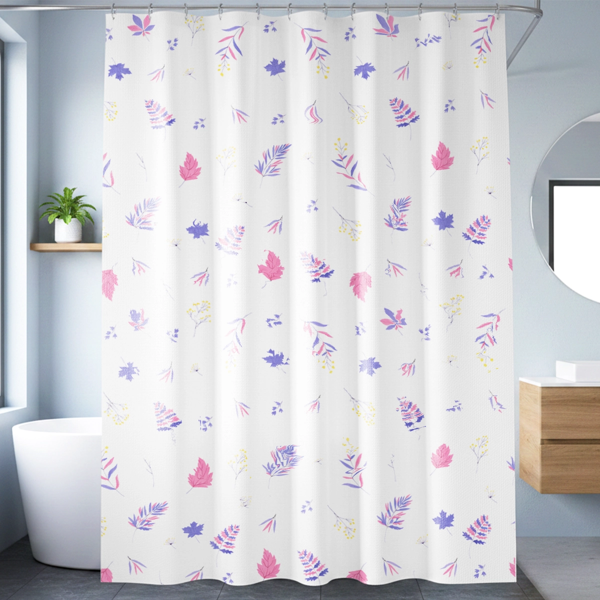 Cortina de Baño, Color Blanco, Diseño Plantas