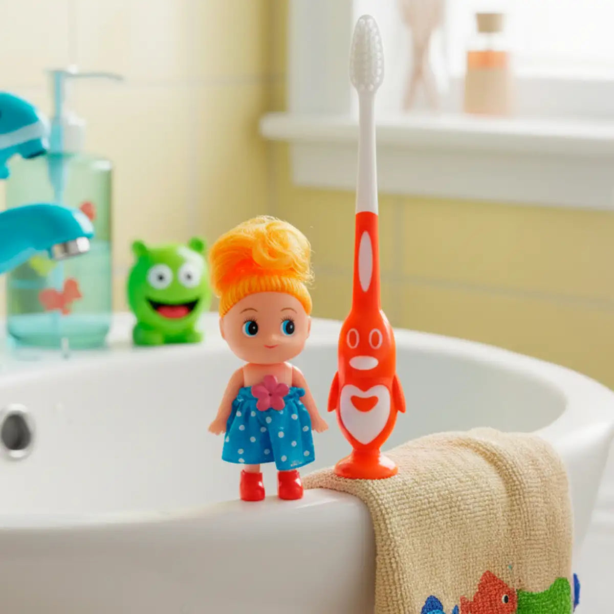 Cepillo Dental, Diseño Pingüino con Muñeca de Juguete, Cool Dent, Color Naranja