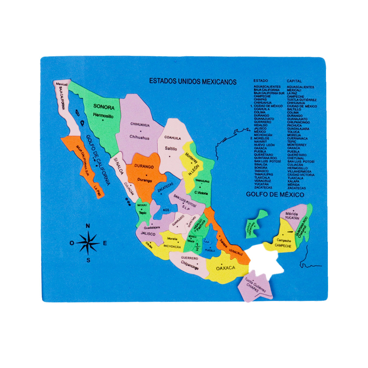 Mapa Didáctico de Foamy de los Estados Unidos Mexicanos, color Azul Rey