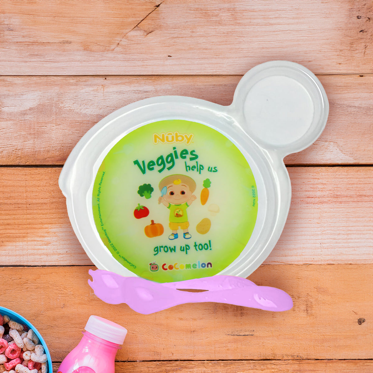 Set de Plato Transparente y Cubiertos Morados para Bebé de Cocomelon, Nuby