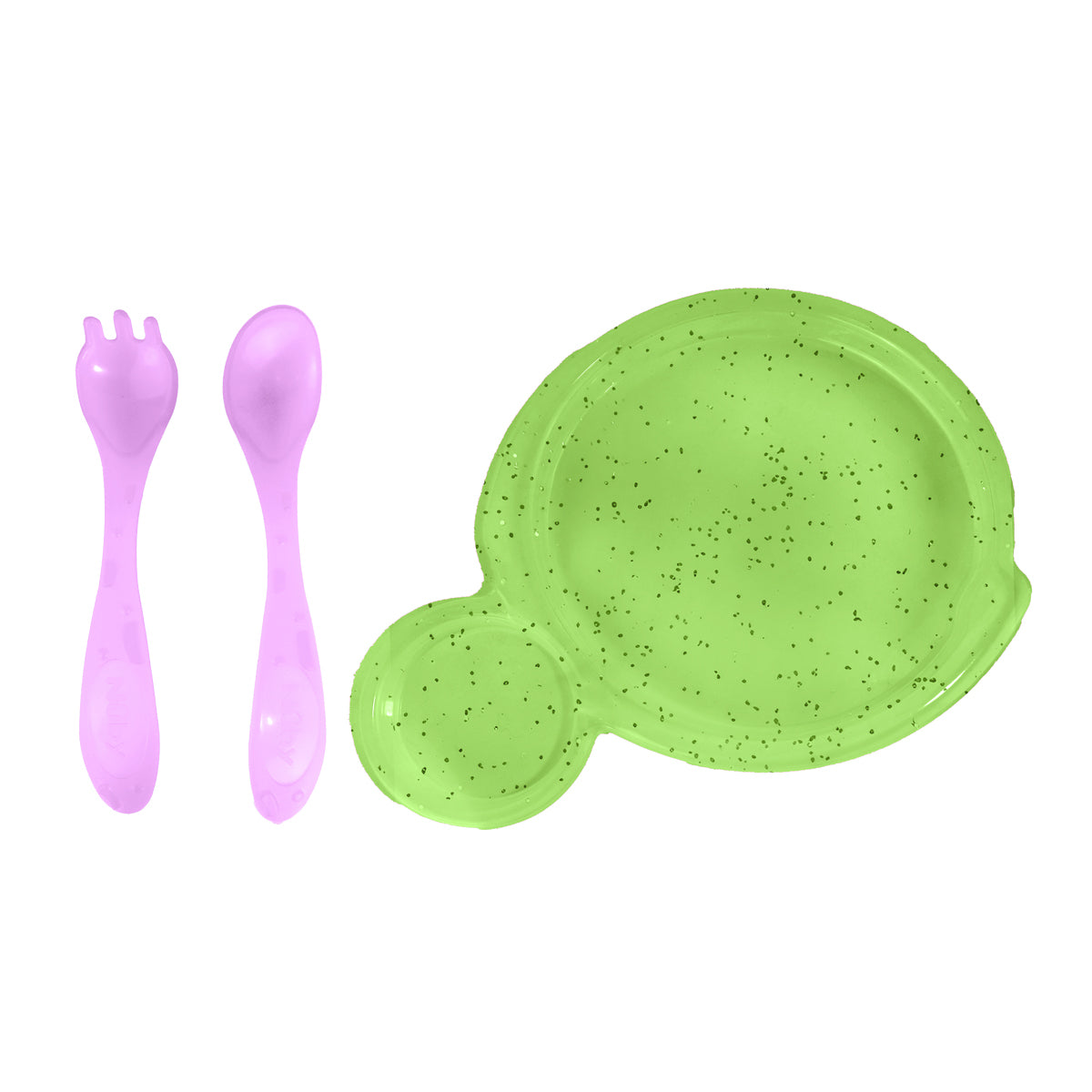 Set de Plato Glitter Verde y 2 Cubiertos Morados para Bebé, Nuby