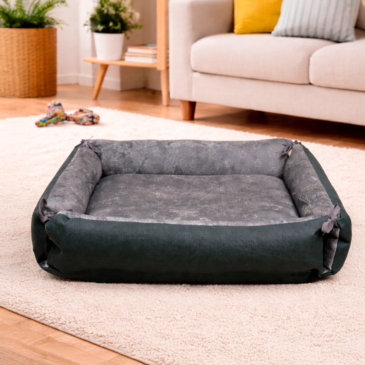 Cama para Mascota, Rectangular, Diseño Estrellas, Color Gris