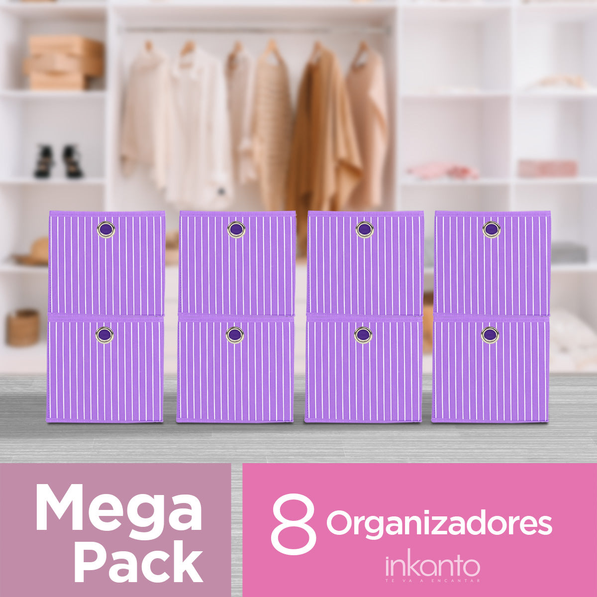 Mega Pack de 8 Cajas Cuadradas color Morado para Almacenamiento, Organizador Non Woven