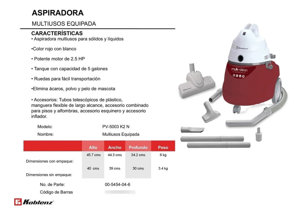 ASPIRADORA MULTIUSOS KOBLENZ MOD. PV-5003 K2 N SECO/MOJ