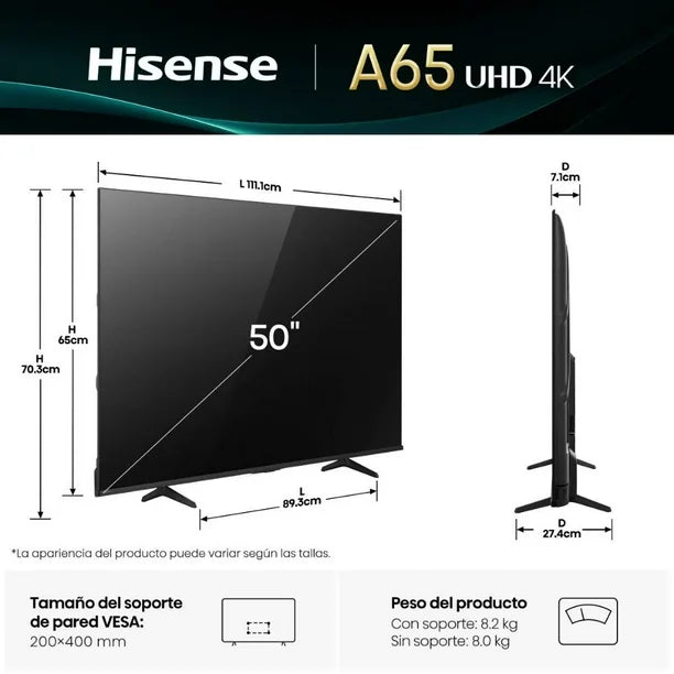 TELEVISOR HISENSE MOD. 50A65NV 4K VIDAA **