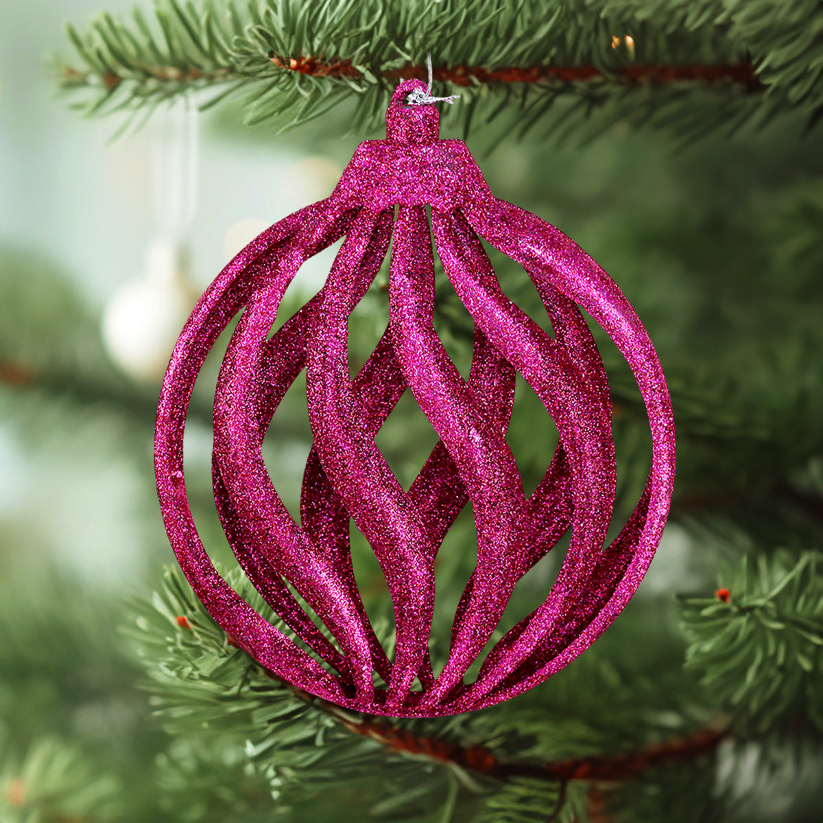 Esfera Navideña, Glitter, Color Fucsia, 17 cm
