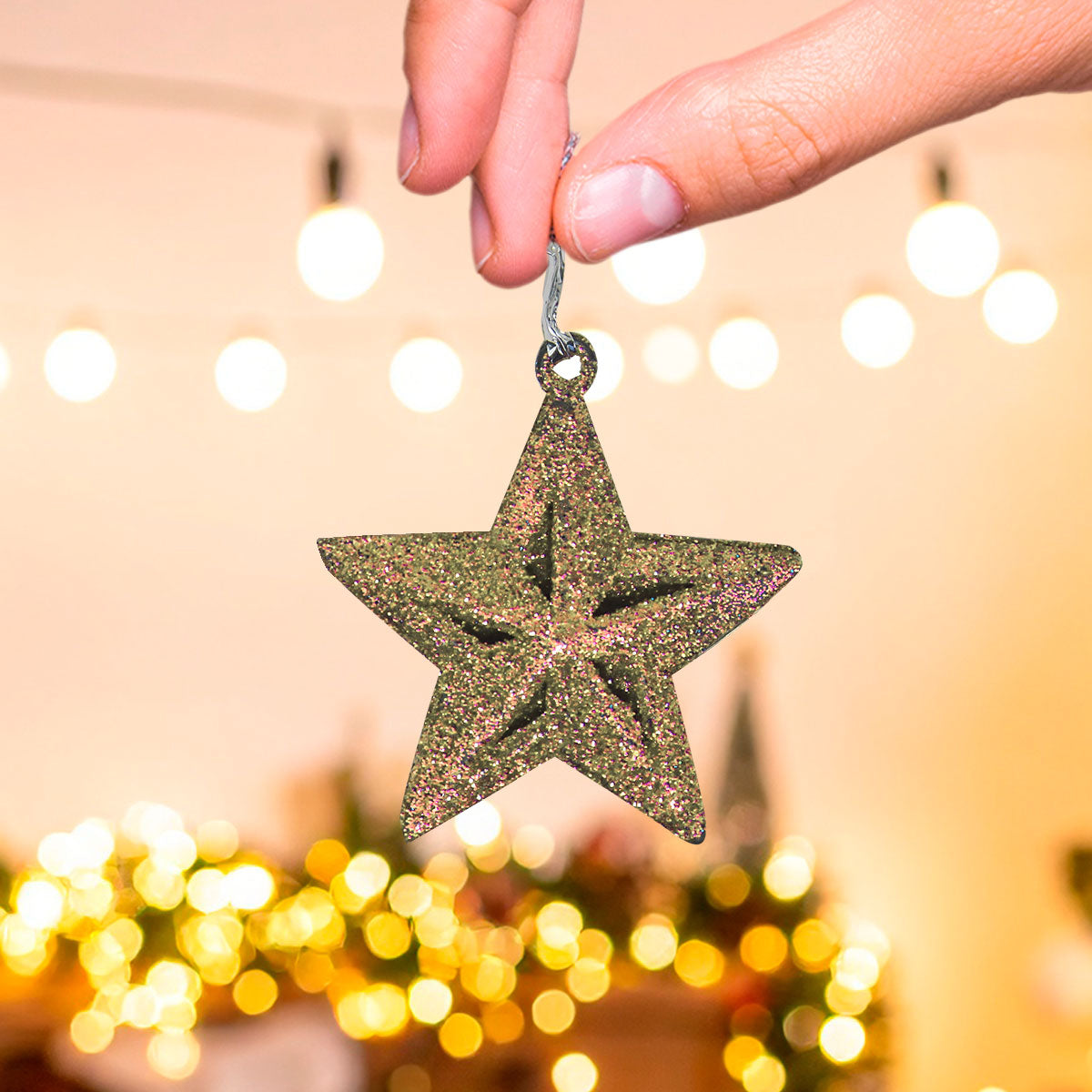 Mini Estrellas, Ornamento Navideño Glitter, Color Oro