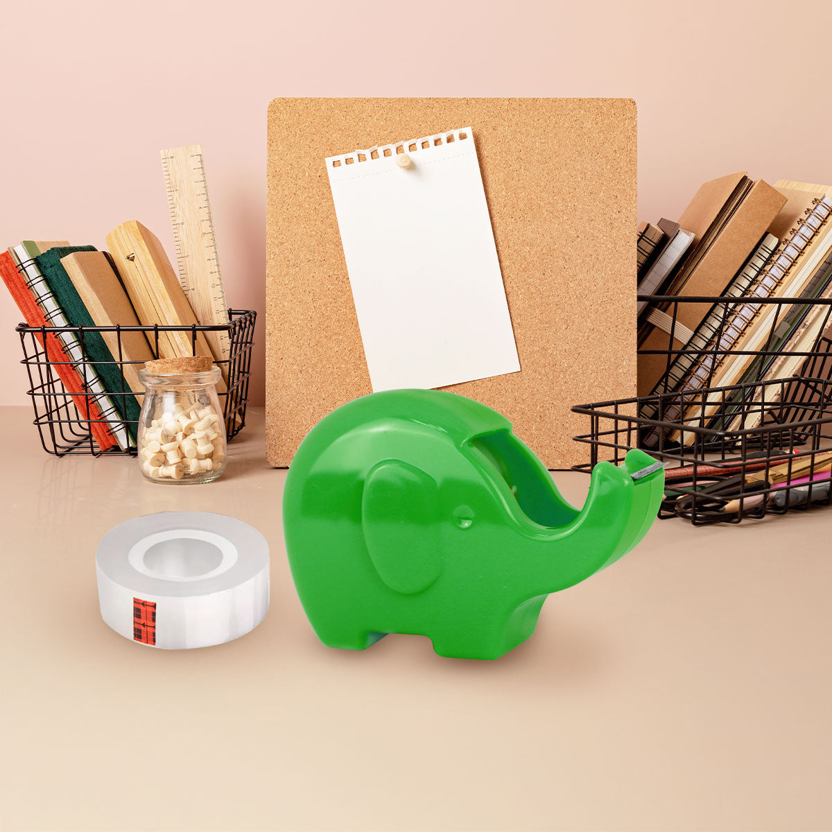 Dispensador de Cinta Adhesiva en Forma de Elefante, Color Verde, 3 pzas
