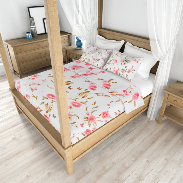 Juego de Sábanas Matrimoniales, Diseño Flores, Color Rosa