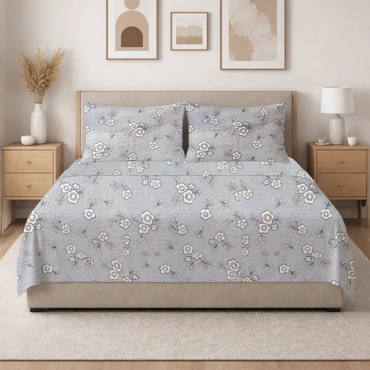 Juego de Sábanas Matrimoniales, Diseño Flores, Color Gris