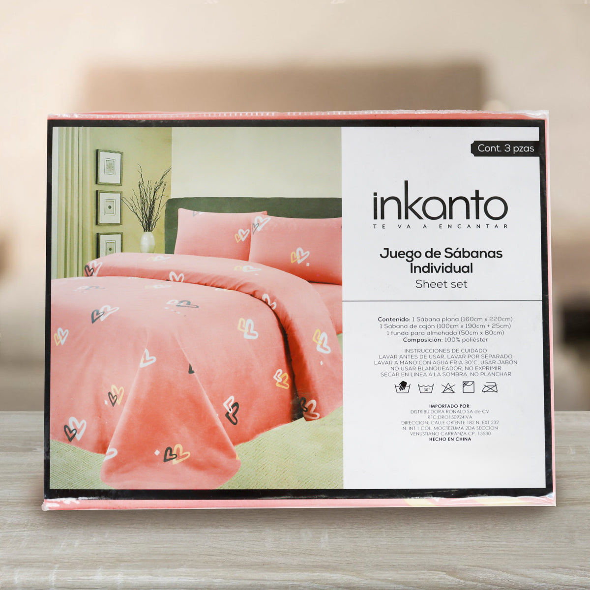 Juego de Sábanas Individual, Color Rosa, Diseño Corazones