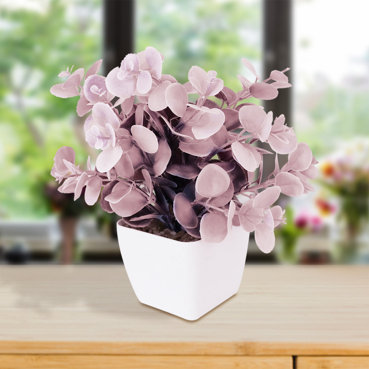 Maceta Decorativa con Eucalipto Artificial, color Verde con Rosa