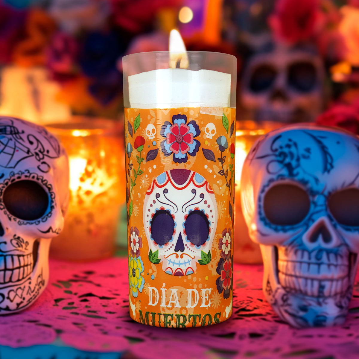 Veladora con Diseño de Calavera de Azúcar para Dí­a de Muertos