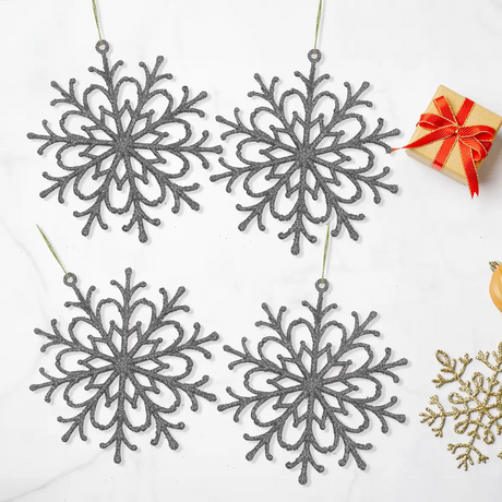 Ornamento Navideño en Forma de Copo de Nieve color Plata, 4pzas